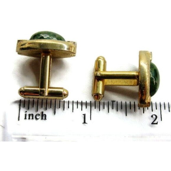 Shields Marbled Green & Gold-Tone Oval Cufflinks Tux Shirt Vintage Wedding - Picture 6 of 11